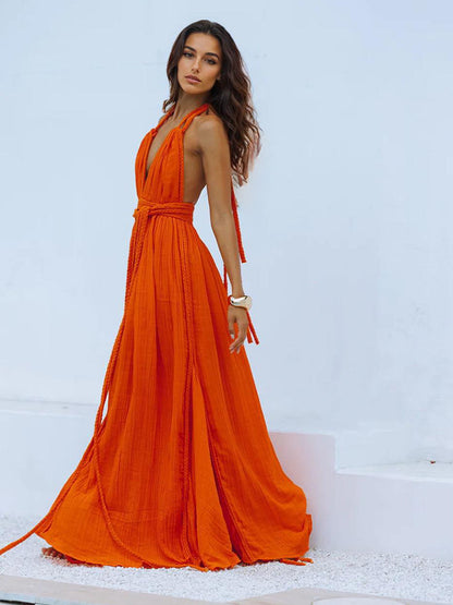 Boho Backless Maxi Dress for Women - Sexy Deep V Neck Halter Wrap Tie Waist Flowy Gown - Summer Beach Resort 2026