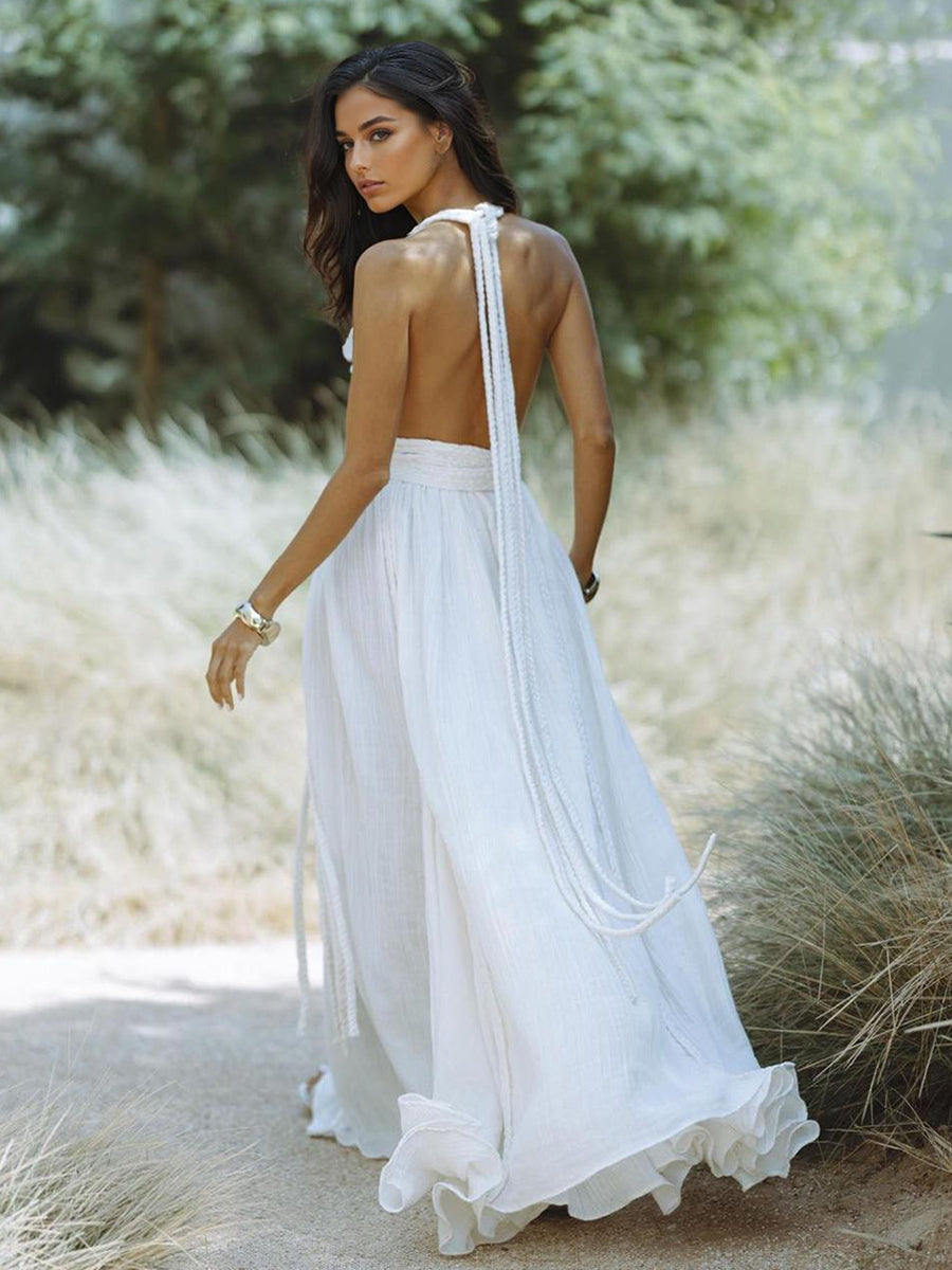 Boho Backless Maxi Dress for Women - Sexy Deep V Neck Halter Wrap Tie Waist Flowy Gown - Summer Beach Resort 2026