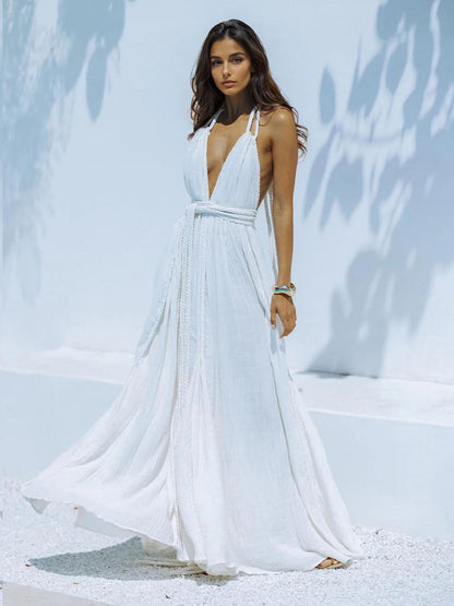 Boho Backless Maxi Dress for Women - Sexy Deep V Neck Halter Wrap Tie Waist Flowy Gown - Summer Beach Resort 2026