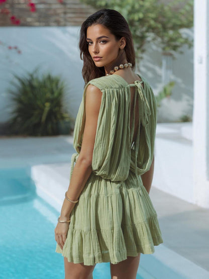 Deep V Neck Mini Dress for Women - Greek Boho Plisse Sleeveless Tiered Dress with Rope Belt - Summer Resort Wear 2026