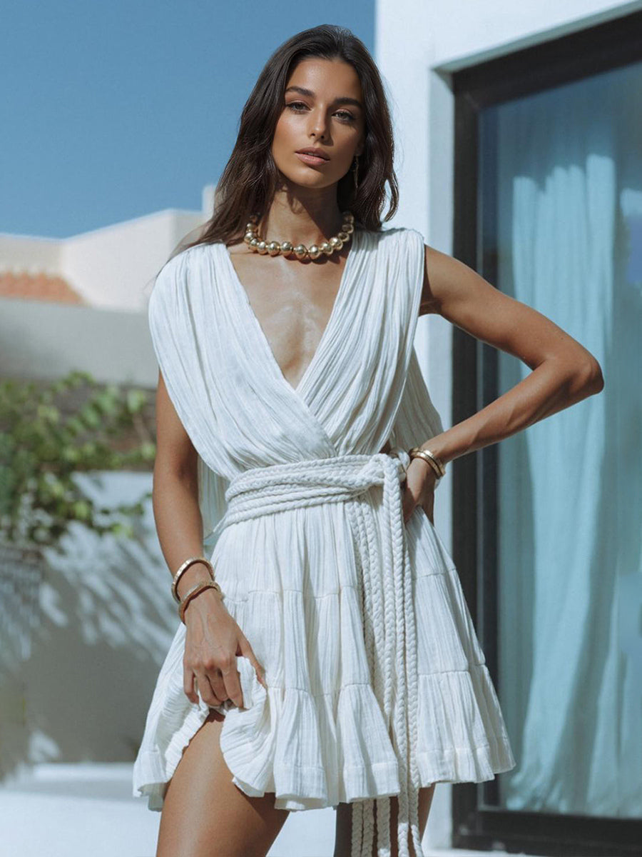 Deep V Neck Mini Dress for Women - Greek Boho Plisse Sleeveless Tiered Dress with Rope Belt - Summer Resort Wear 2026