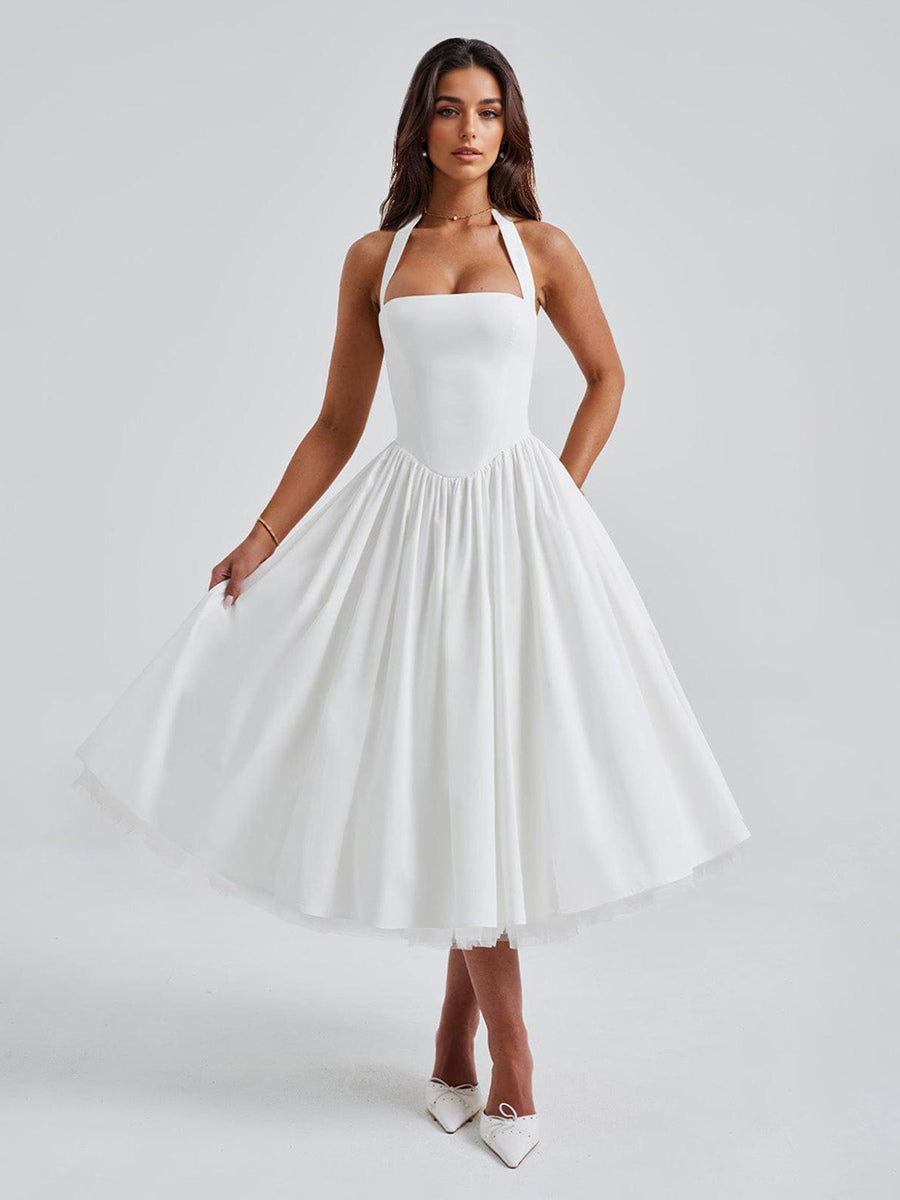 Soft Pink Halterneck A-line Midi Party Dress For Women 2026
