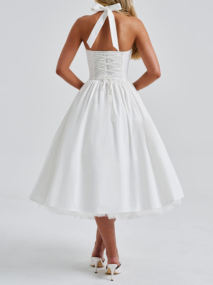 Soft Pink Halterneck A-line Midi Party Dress For Women 2026
