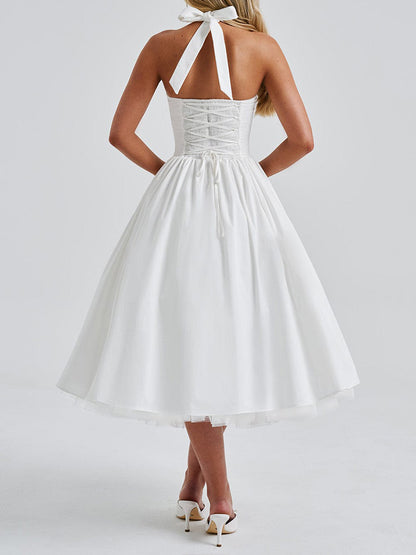 Soft Pink Halterneck A-line Midi Party Dress For Women 2026