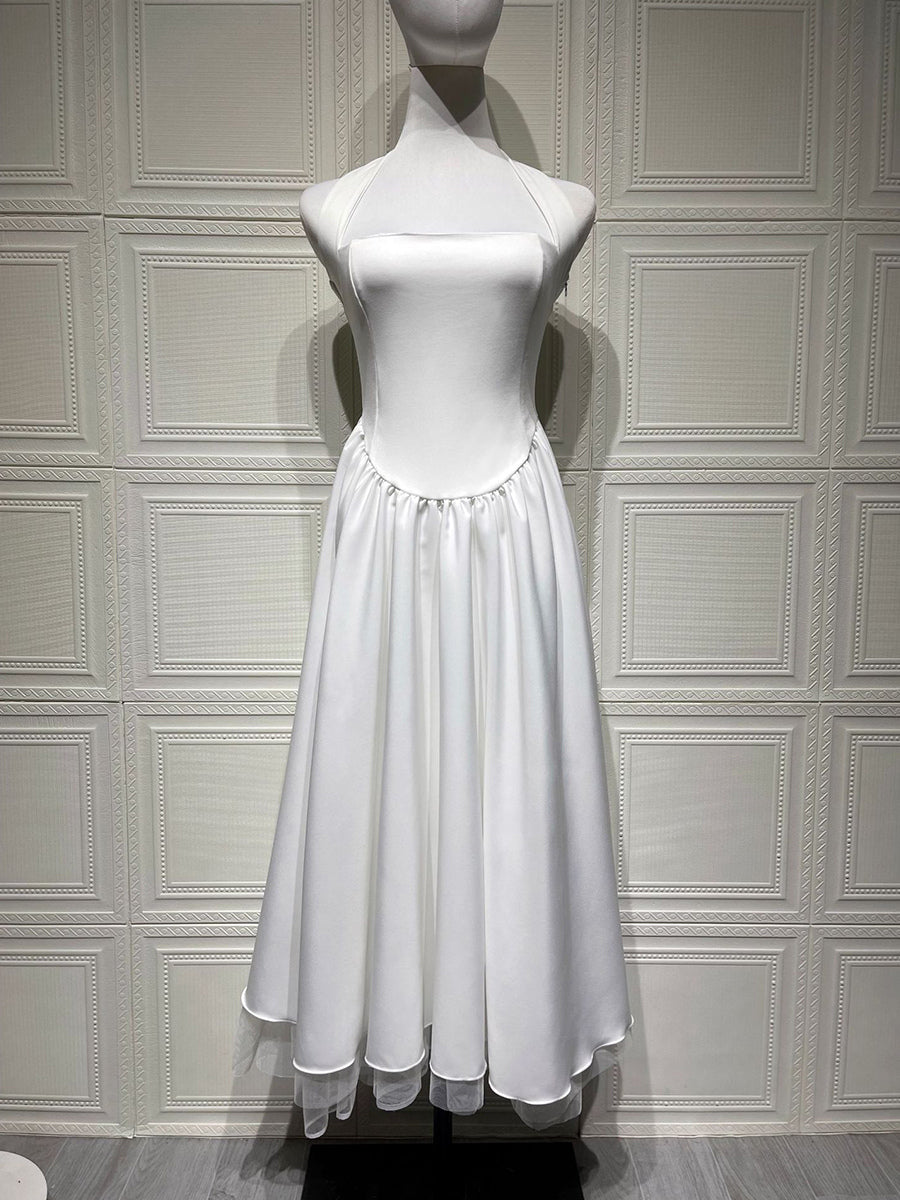 Soft Pink Halterneck A-line Midi Party Dress For Women 2026