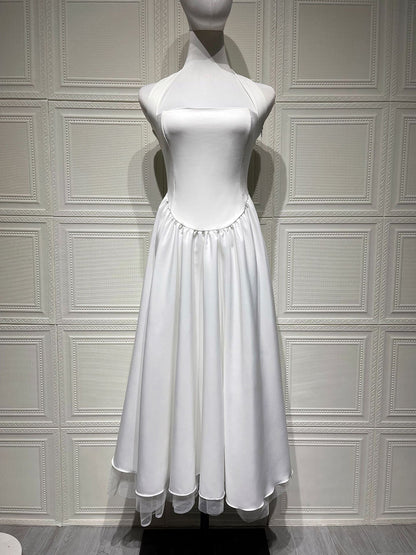 Soft Pink Halterneck A-line Midi Party Dress For Women 2026
