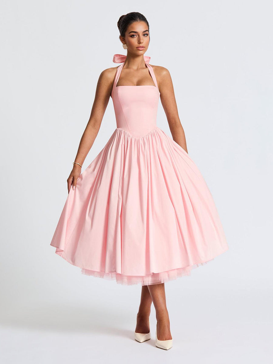 Soft Pink Halterneck A-line Midi Party Dress For Women 2026