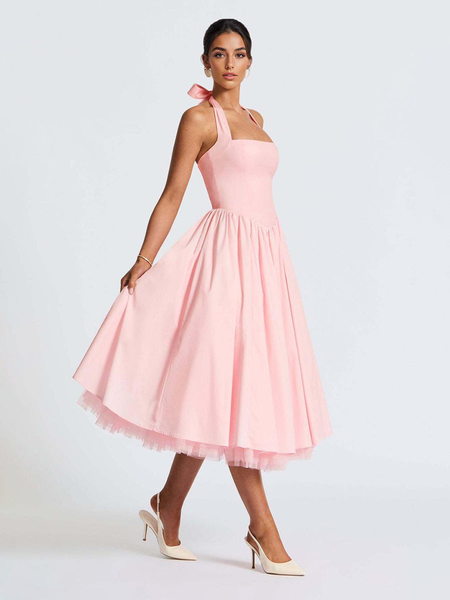 Soft Pink Halterneck A-line Midi Party Dress For Women 2026