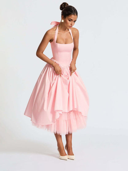 Soft Pink Halterneck A-line Midi Party Dress For Women 2026