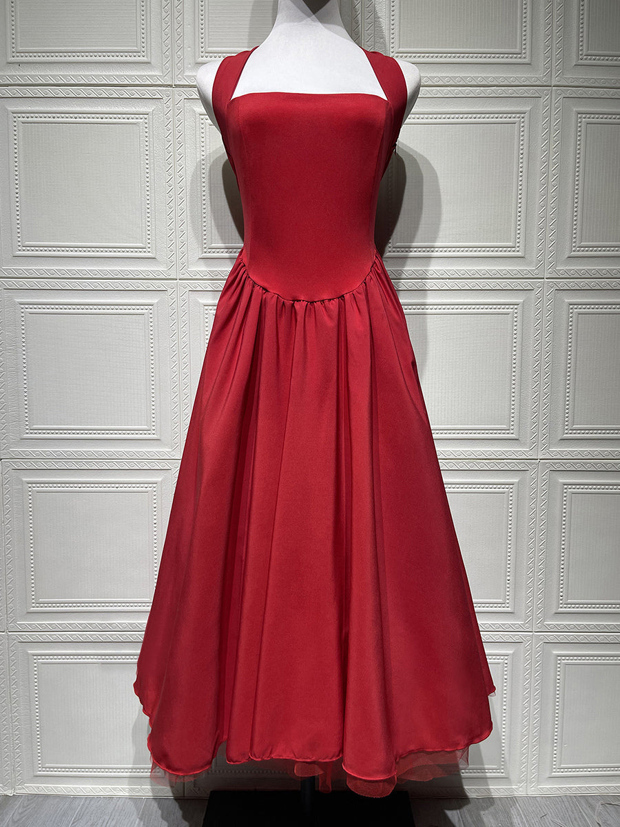 Soft Pink Halterneck A-line Midi Party Dress For Women 2026