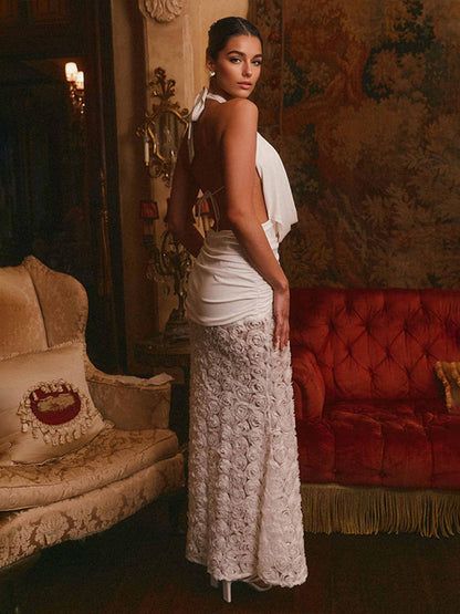 White Halter Neck Maxi Dress With 3D Flower Skirt 2026