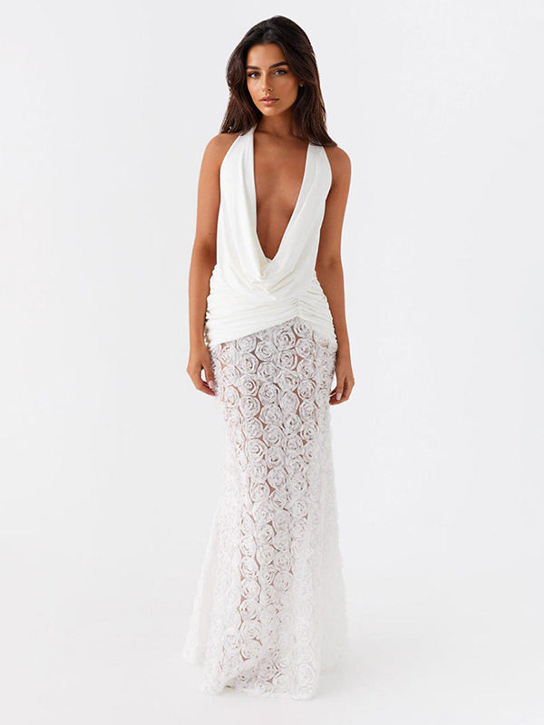 White Halter Neck Maxi Dress With 3D Flower Skirt 2026
