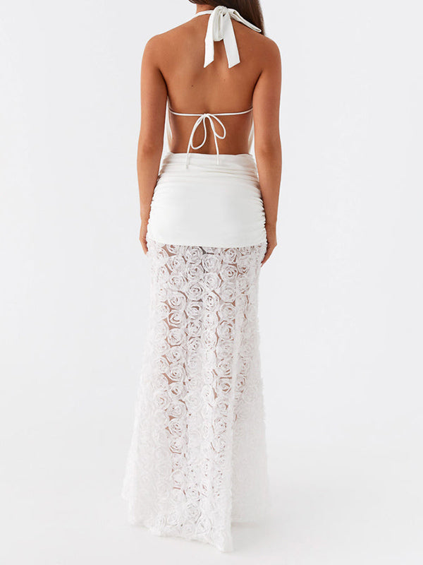 White Halter Neck Maxi Dress With 3D Flower Skirt 2026