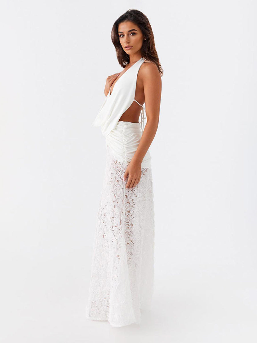 White Halter Neck Maxi Dress With 3D Flower Skirt 2026
