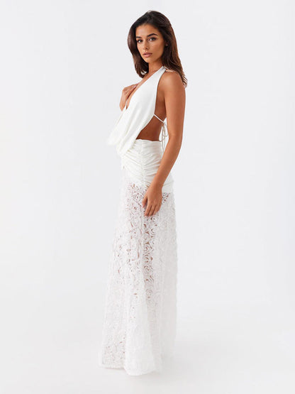 White Halter Neck Maxi Dress With 3D Flower Skirt 2026