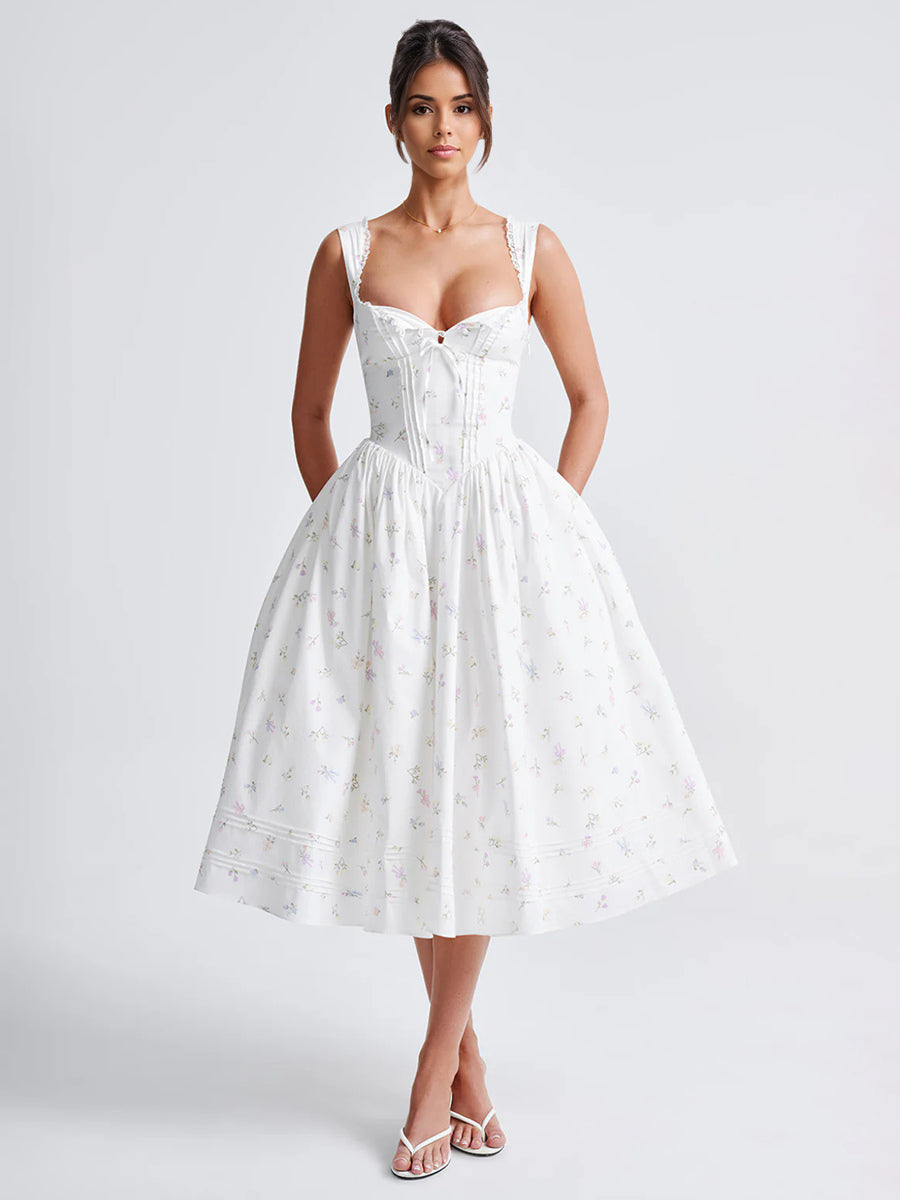 Floral Print Sweetheart Neckline A-line Midi Dress For Summer 2026