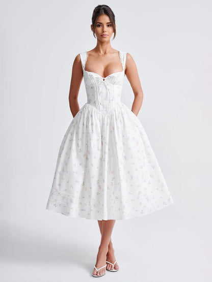 Floral Print Sweetheart Neckline A-line Midi Dress For Summer 2026