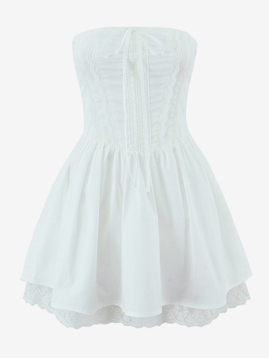 Butter Yellow Sleeveless Lace-Trimmed Mini Corset Dress With Lace-up Back 2026
