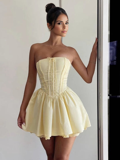 Butter Yellow Sleeveless Lace-Trimmed Mini Corset Dress With Lace-up Back 2026