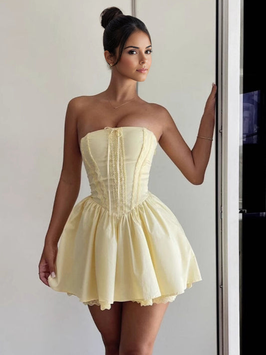 Butter Yellow Sleeveless Lace-Trimmed Mini Corset Dress With Lace-up Back 2026