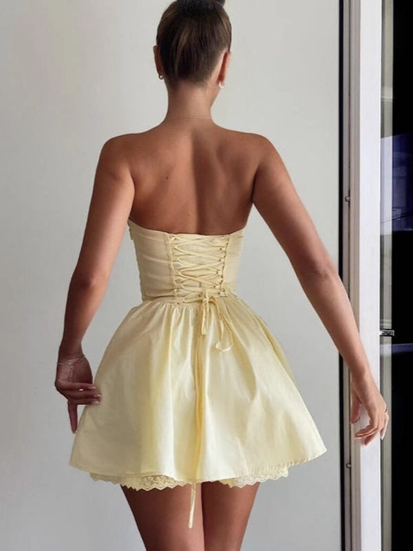 Butter Yellow Sleeveless Lace-Trimmed Mini Corset Dress With Lace-up Back 2026