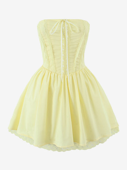 Butter Yellow Sleeveless Lace-Trimmed Mini Corset Dress With Lace-up Back 2026
