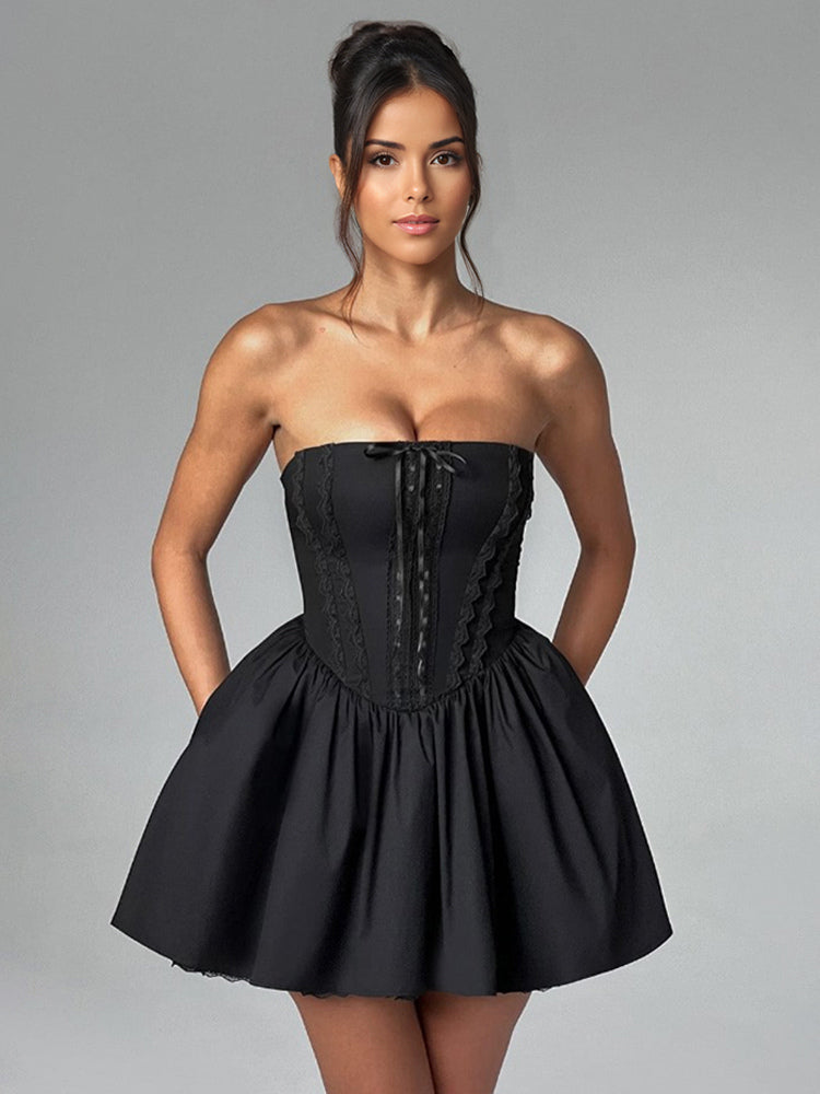 Butter Yellow Sleeveless Lace-Trimmed Mini Corset Dress With Lace-up Back 2026