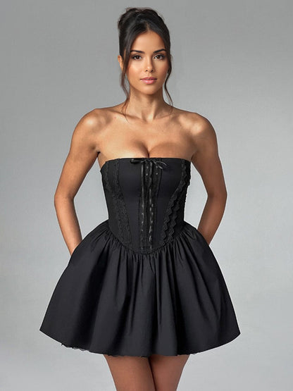 Butter Yellow Sleeveless Lace-Trimmed Mini Corset Dress With Lace-up Back 2026