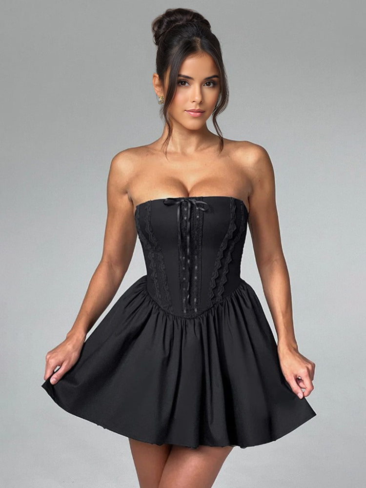 Butter Yellow Sleeveless Lace-Trimmed Mini Corset Dress With Lace-up Back 2026