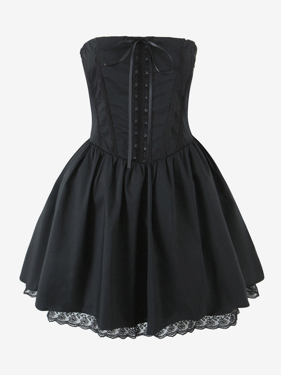 Butter Yellow Sleeveless Lace-Trimmed Mini Corset Dress With Lace-up Back 2026