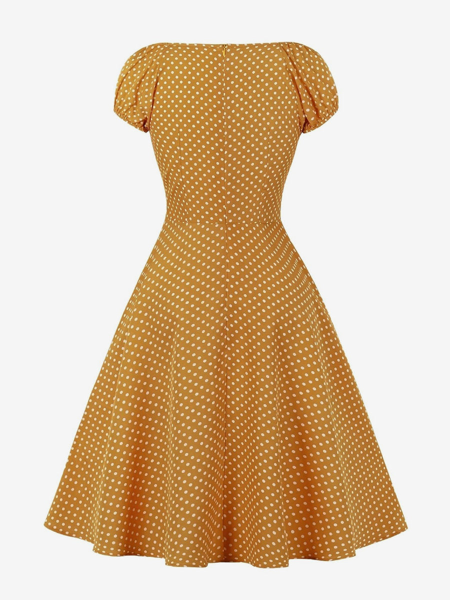 Polka Dot Midi Vintage Dress With Puff Sleeve And Front Tie 2026