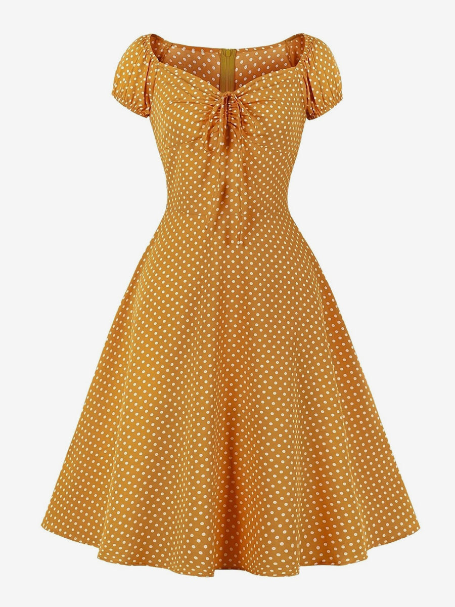 Polka Dot Midi Vintage Dress With Puff Sleeve And Front Tie 2026