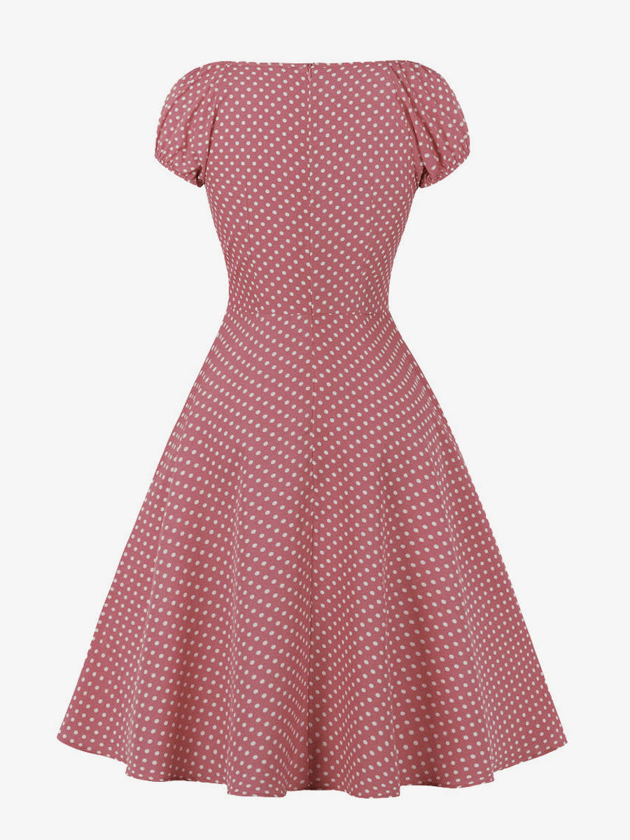 Polka Dot Midi Vintage Dress With Puff Sleeve And Front Tie 2026