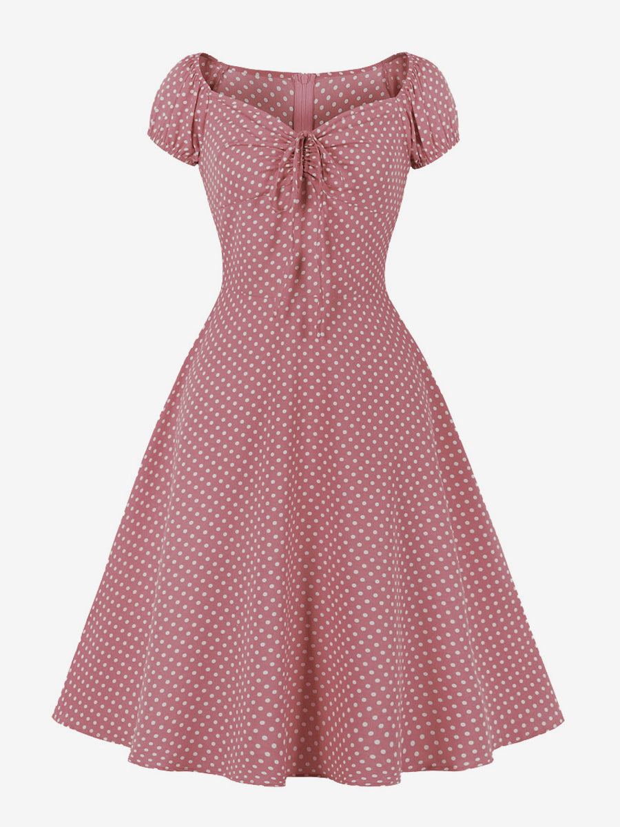 Polka Dot Midi Vintage Dress With Puff Sleeve And Front Tie 2026
