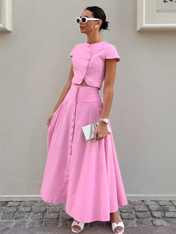 Pink Crop Top And High-Waist Long Skirt Two Piece Co-ord Set For Summer 2026