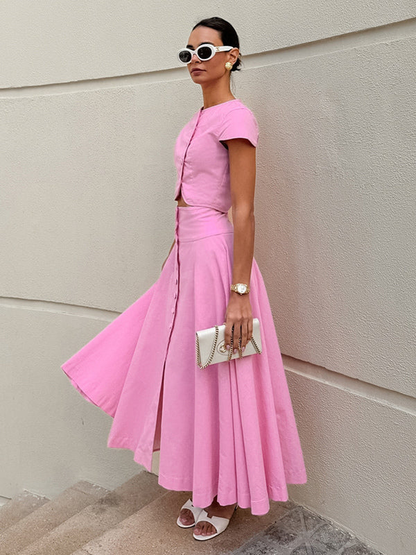 Pink Crop Top And High-Waist Long Skirt Two Piece Co-ord Set For Summer 2026