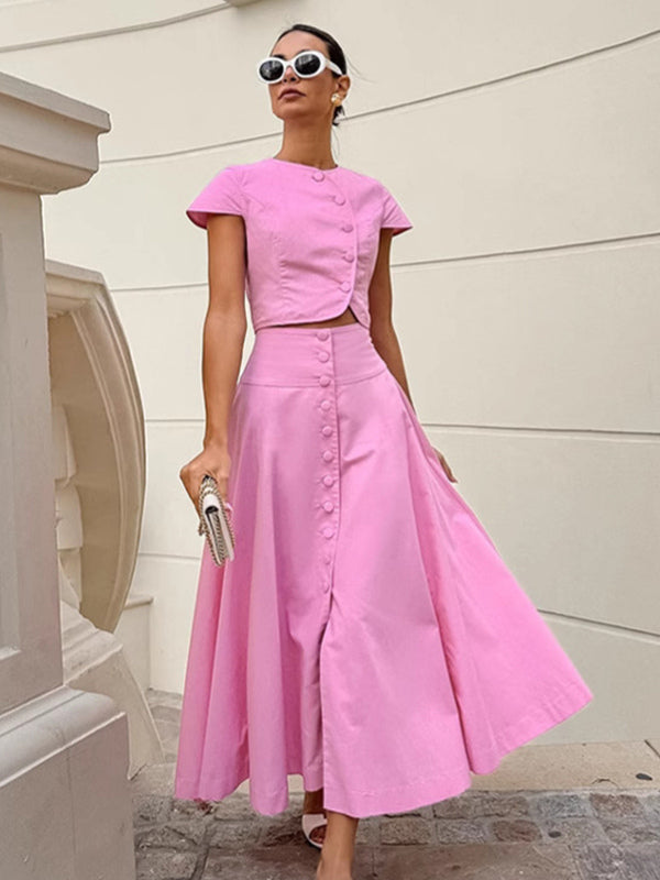 Pink Crop Top And High-Waist Long Skirt Two Piece Co-ord Set For Summer 2026