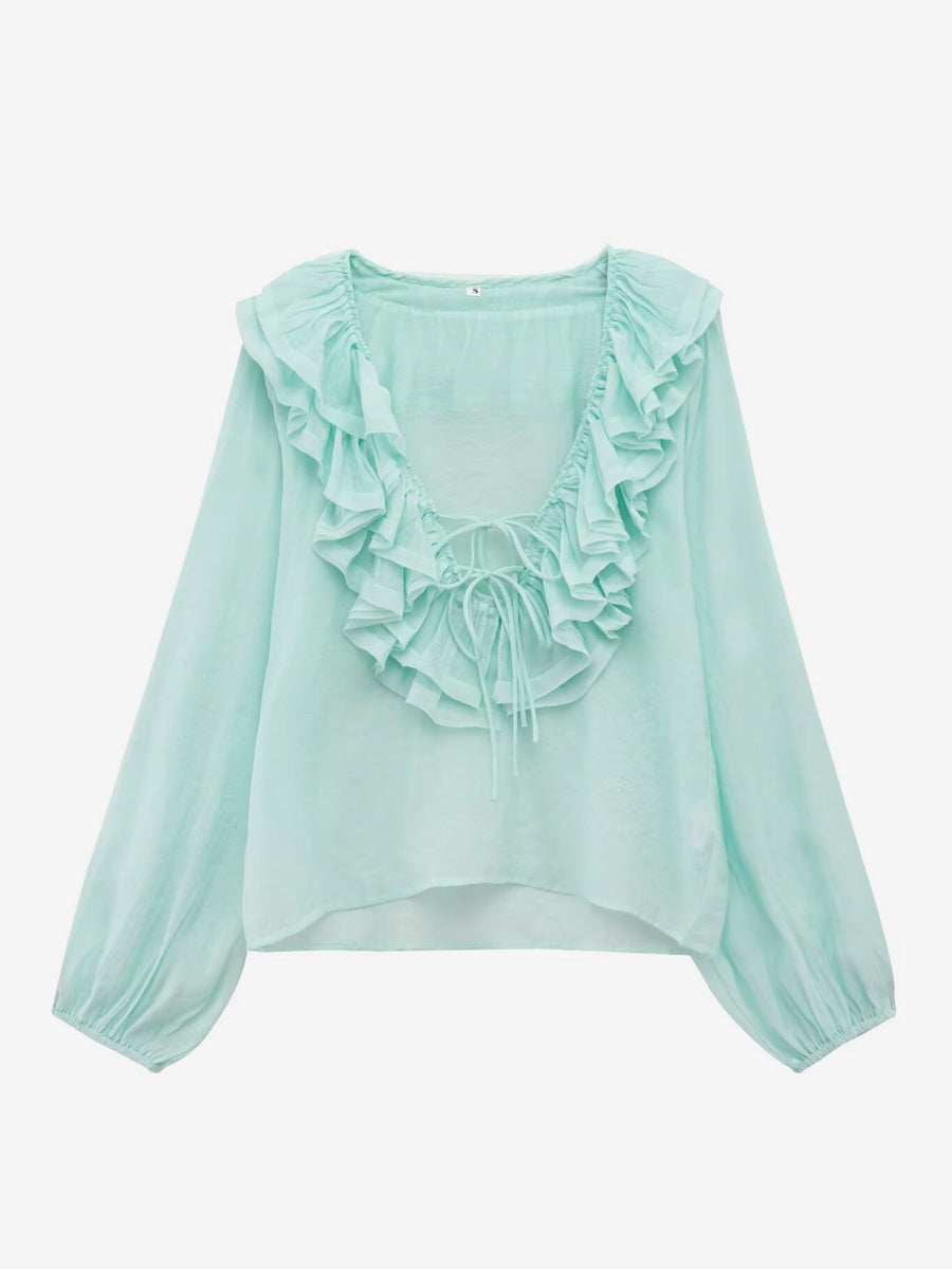Ruffled Long Sleeve V-neck Blouse For Spring 2026