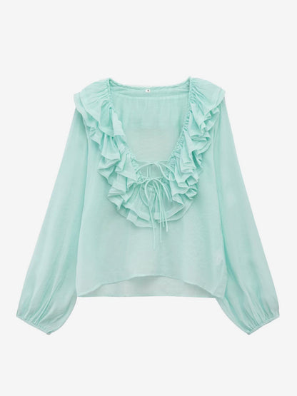 Ruffled Long Sleeve V-neck Blouse For Spring 2026