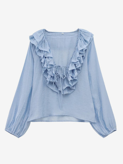 Ruffled Long Sleeve V-neck Blouse For Spring 2026