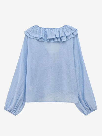 Ruffled Long Sleeve V-neck Blouse For Spring 2026