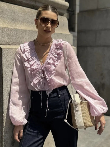 Ruffled Long Sleeve V-neck Blouse For Spring 2026