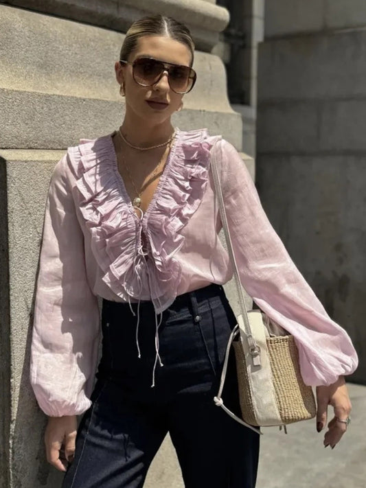 Ruffled Long Sleeve V-neck Blouse For Spring 2026