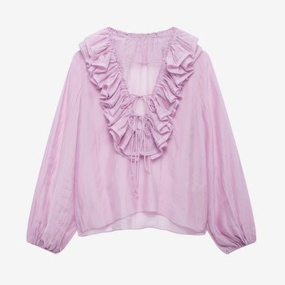 Ruffled Long Sleeve V-neck Blouse For Spring 2026