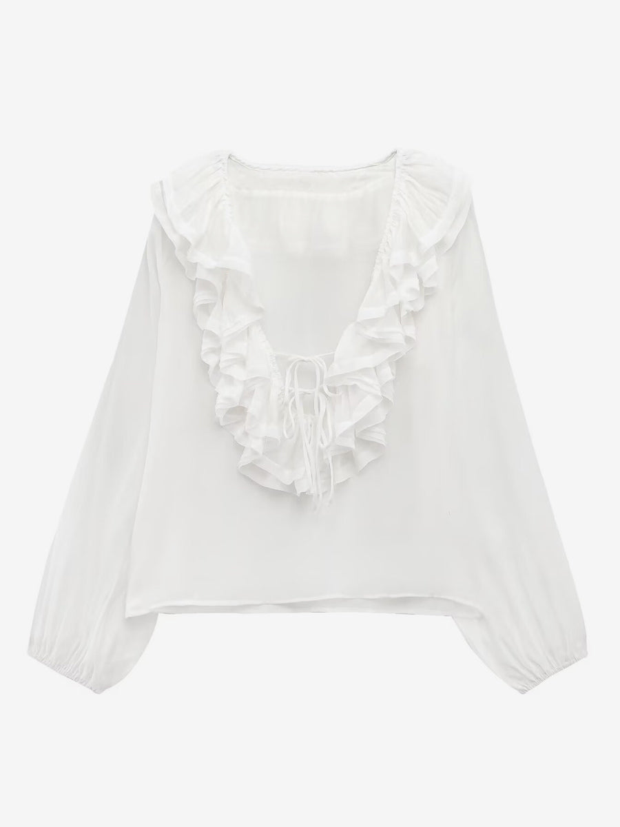 Ruffled Long Sleeve V-neck Blouse For Spring 2026