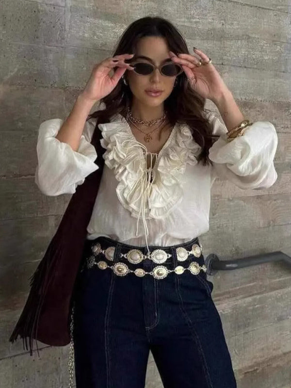 Ruffled Long Sleeve V-neck Blouse For Spring 2026