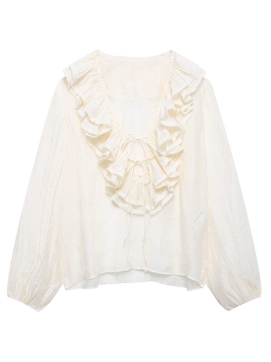 Ruffled Long Sleeve V-neck Blouse For Spring 2026