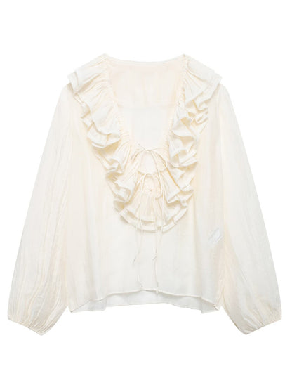 Ruffled Long Sleeve V-neck Blouse For Spring 2026