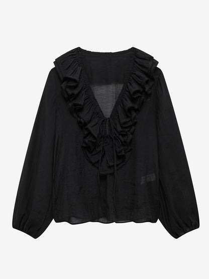 Ruffled Long Sleeve V-neck Blouse For Spring 2026