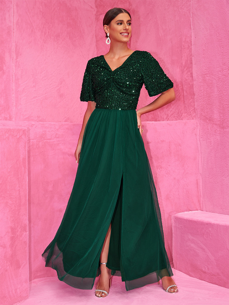 Sequined Dark Green Maxi Party Dress With High Slit For Evening Events 2026